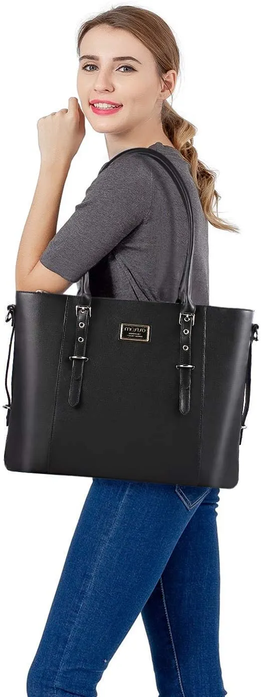 MOSISO PU Leather Laptop Tote Bag for Women (17-17.3 inch), Waterproof Large Capacity Business Work Briefcase Shoulder Laptop Bag, Black