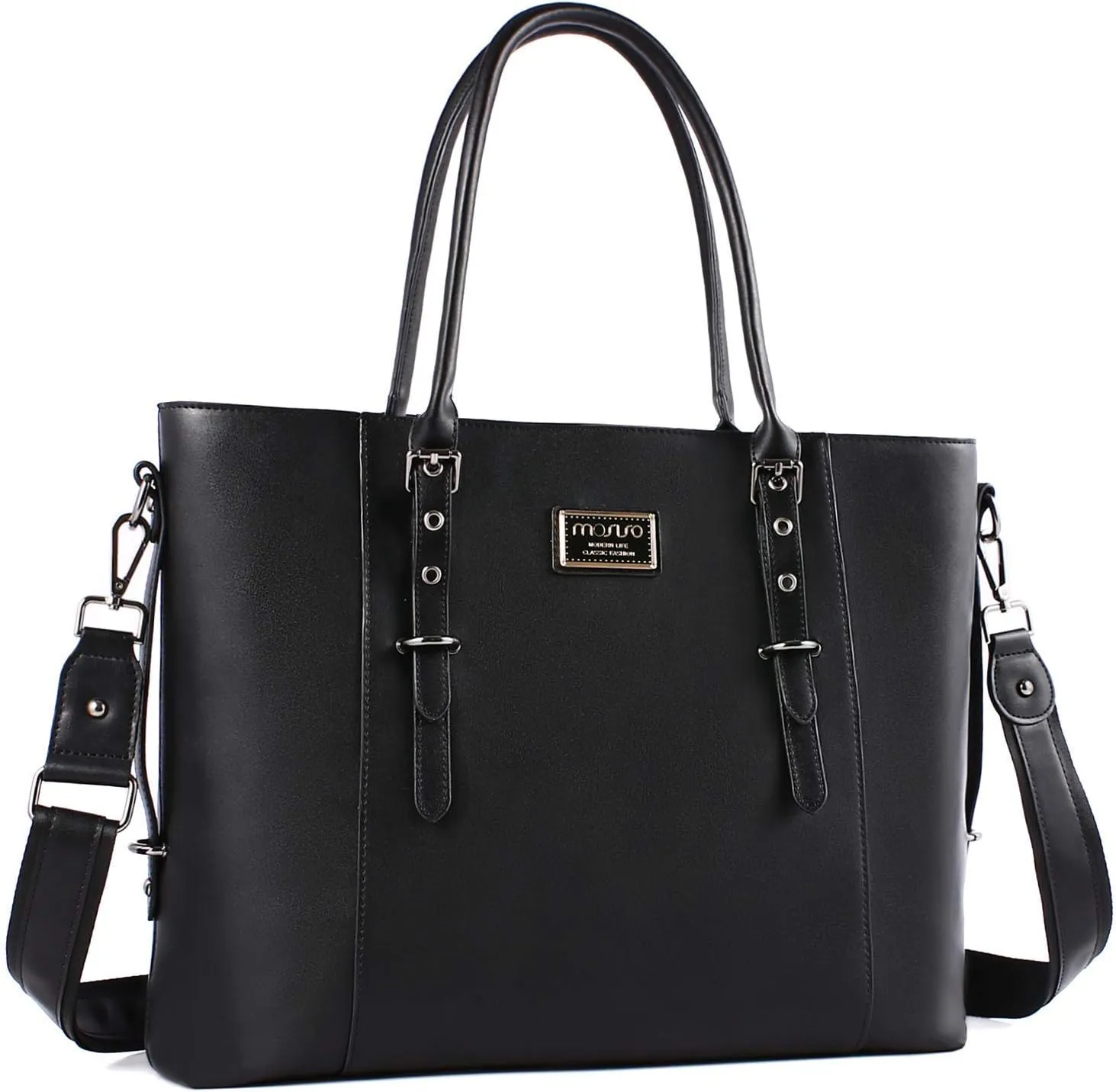 MOSISO PU Leather Laptop Tote Bag for Women (17-17.3 inch), Waterproof Large Capacity Business Work Briefcase Shoulder Laptop Bag, Black