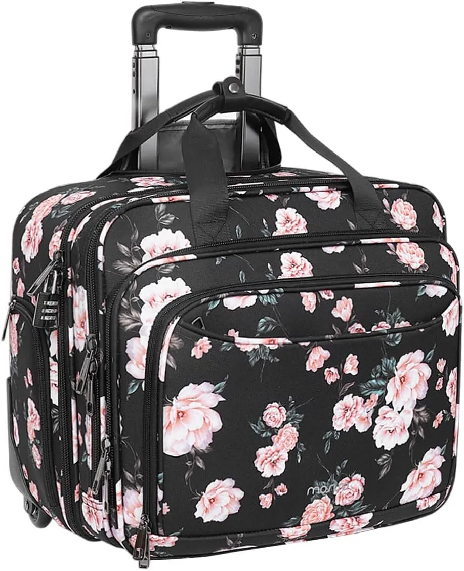 MOSISO Rolling Laptop Bag for Women, 15.6 inch Briefcase with Coded Lock, Overnight Camellia Computer Bag on 2 Wheels with Belt for Work Travel Business, Black