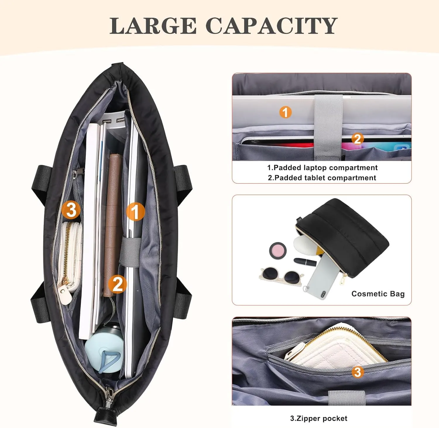 MOSISO Tote Bag for Women, 15-15.6 inch Puffy Laptop Tote Bag with Zipper, 16 inch Casual Large Shoulder Handbag for Travel Work with Purse, Black