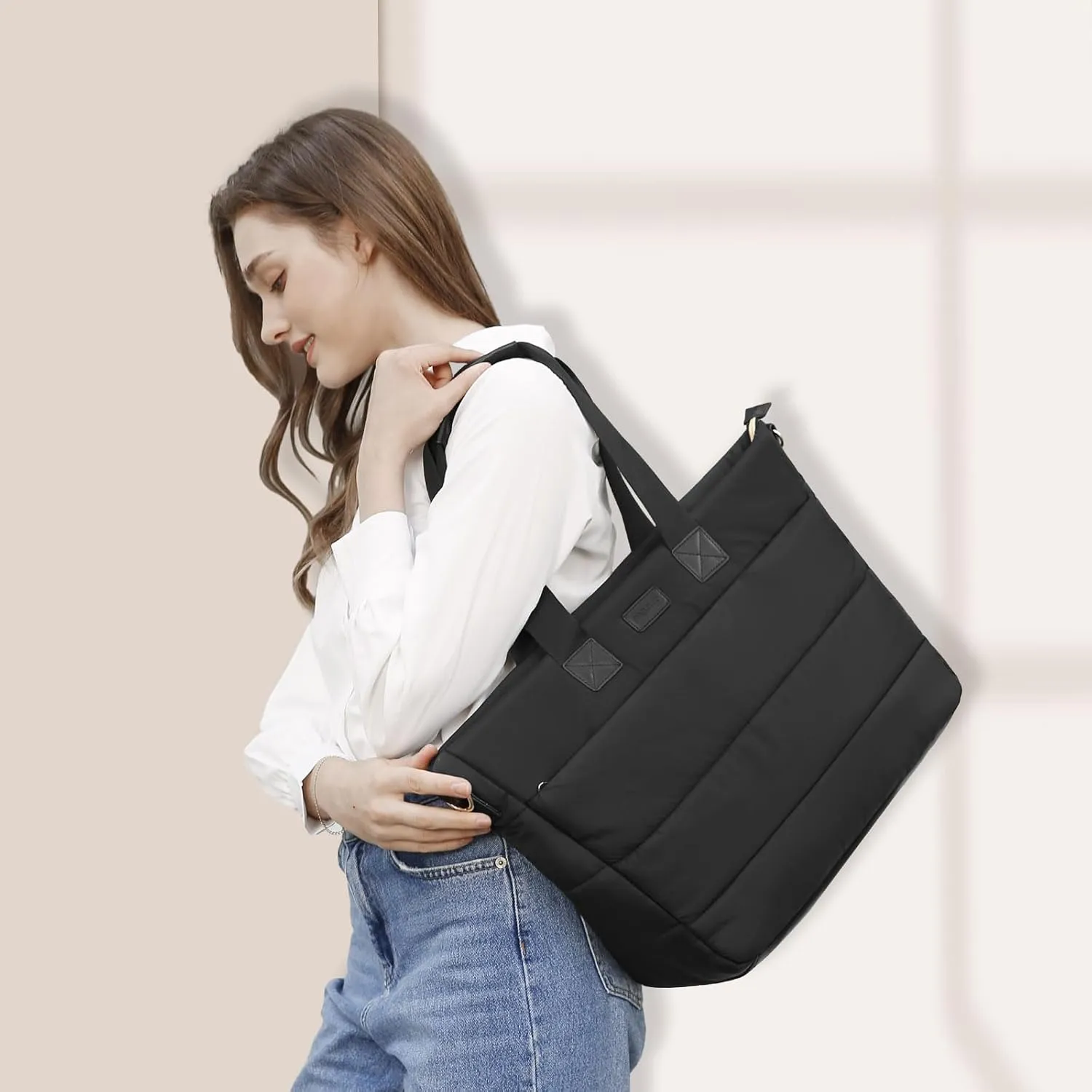 MOSISO Tote Bag for Women, 15-15.6 inch Puffy Laptop Tote Bag with Zipper, 16 inch Casual Large Shoulder Handbag for Travel Work with Purse, Black