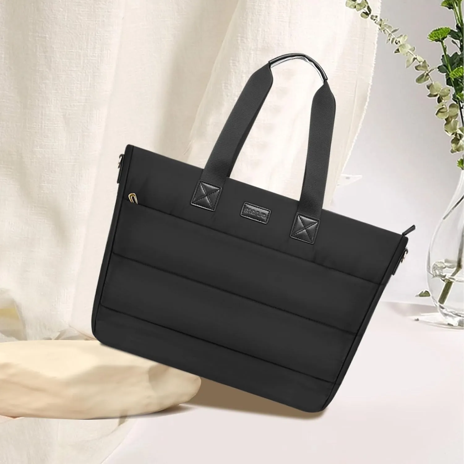 MOSISO Tote Bag for Women, 15-15.6 inch Puffy Laptop Tote Bag with Zipper, 16 inch Casual Large Shoulder Handbag for Travel Work with Purse, Black