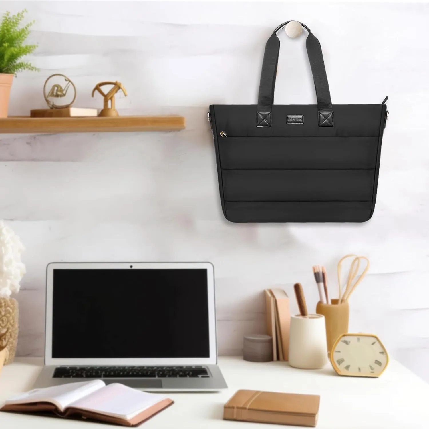 MOSISO Tote Bag for Women, 15-15.6 inch Puffy Laptop Tote Bag with Zipper, 16 inch Casual Large Shoulder Handbag for Travel Work with Purse, Black