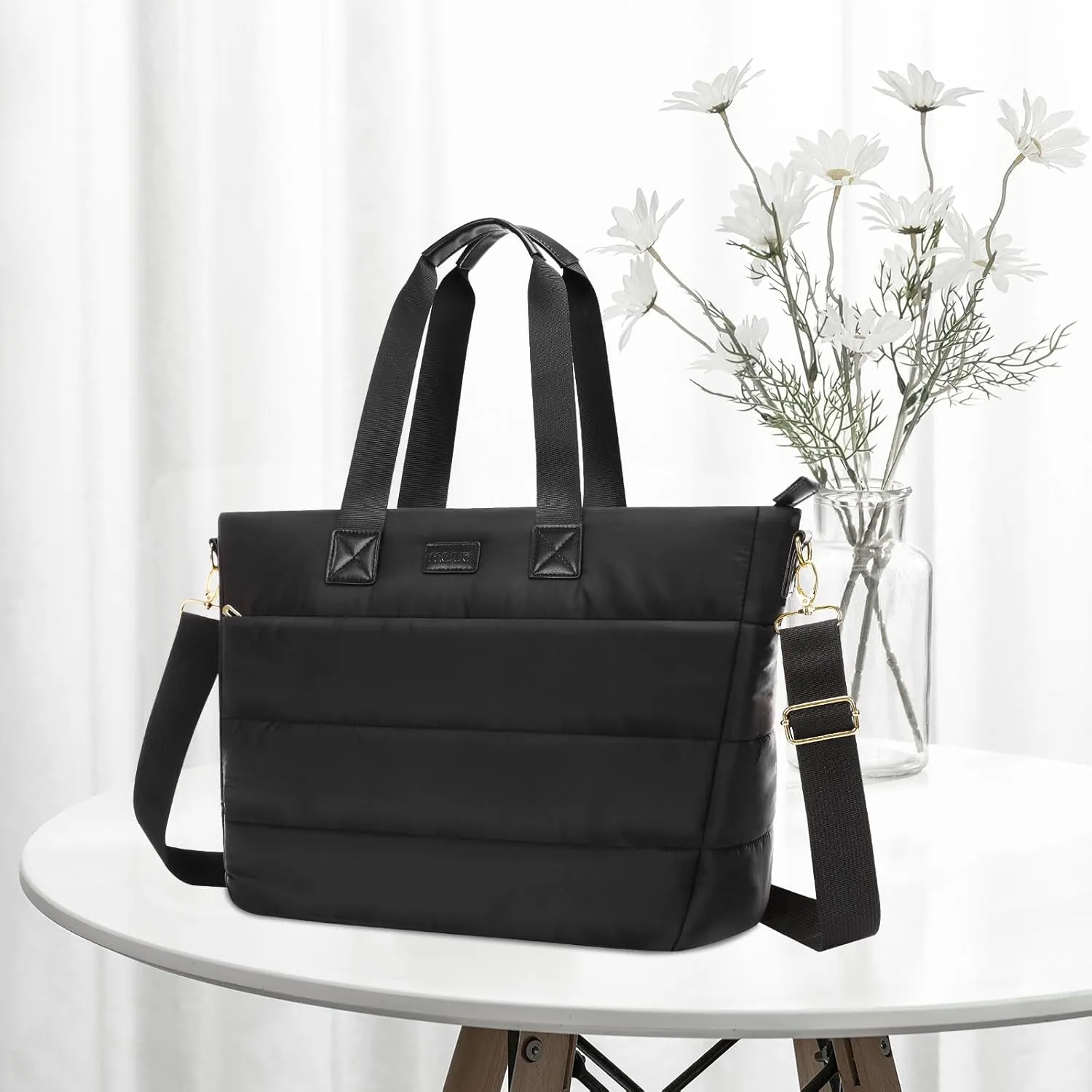 MOSISO Tote Bag for Women, 15-15.6 inch Puffy Laptop Tote Bag with Zipper, 16 inch Casual Large Shoulder Handbag for Travel Work with Purse, Black