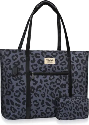 MOSISO USB Charging Port Laptop Bags for Women, Compatible with MacBook, 17-17.3 inch Notebook and Chromebook, Leopard Grain Work Tote Bag Travel Handbag Business Computer Bag with Small Purse, Black