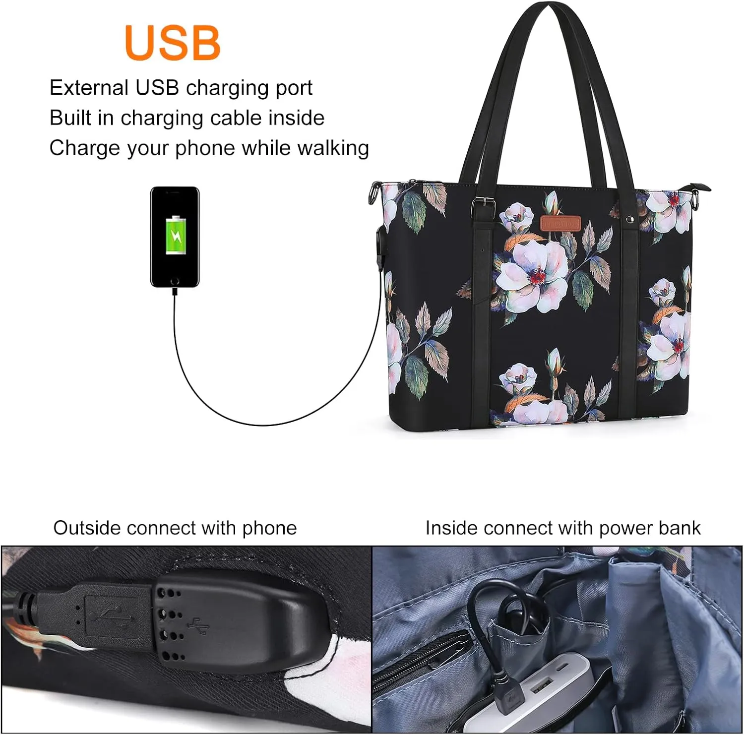 MOSISO USB Port Laptop Tote Bag (17-17.3 inch) with Adjustable Top Handle, Laptop Bag for Women, Hibiscus Polyester Work Travel