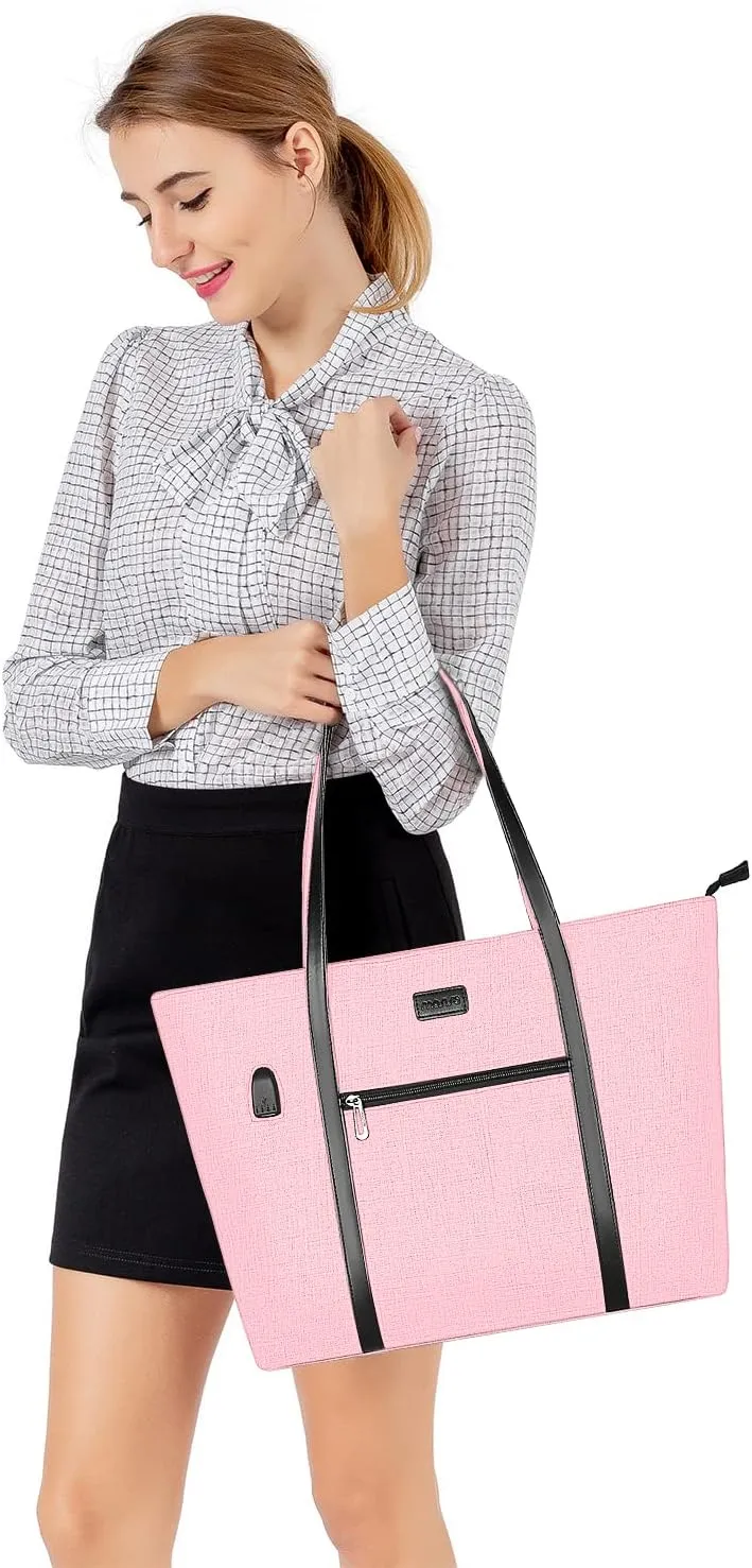 MOSISO USB Port Laptop Tote Bag for Women,Compatible with MacBook, 17-17.3 inch Notebook and Chromebook, Work Travel Business Computer Bag with Small Purse, Pink