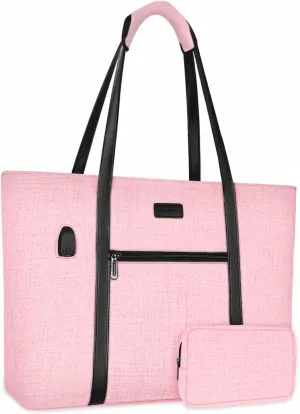 MOSISO USB Port Laptop Tote Bag for Women,Compatible with MacBook, 17-17.3 inch Notebook and Chromebook, Work Travel Business Computer Bag with Small Purse, Pink