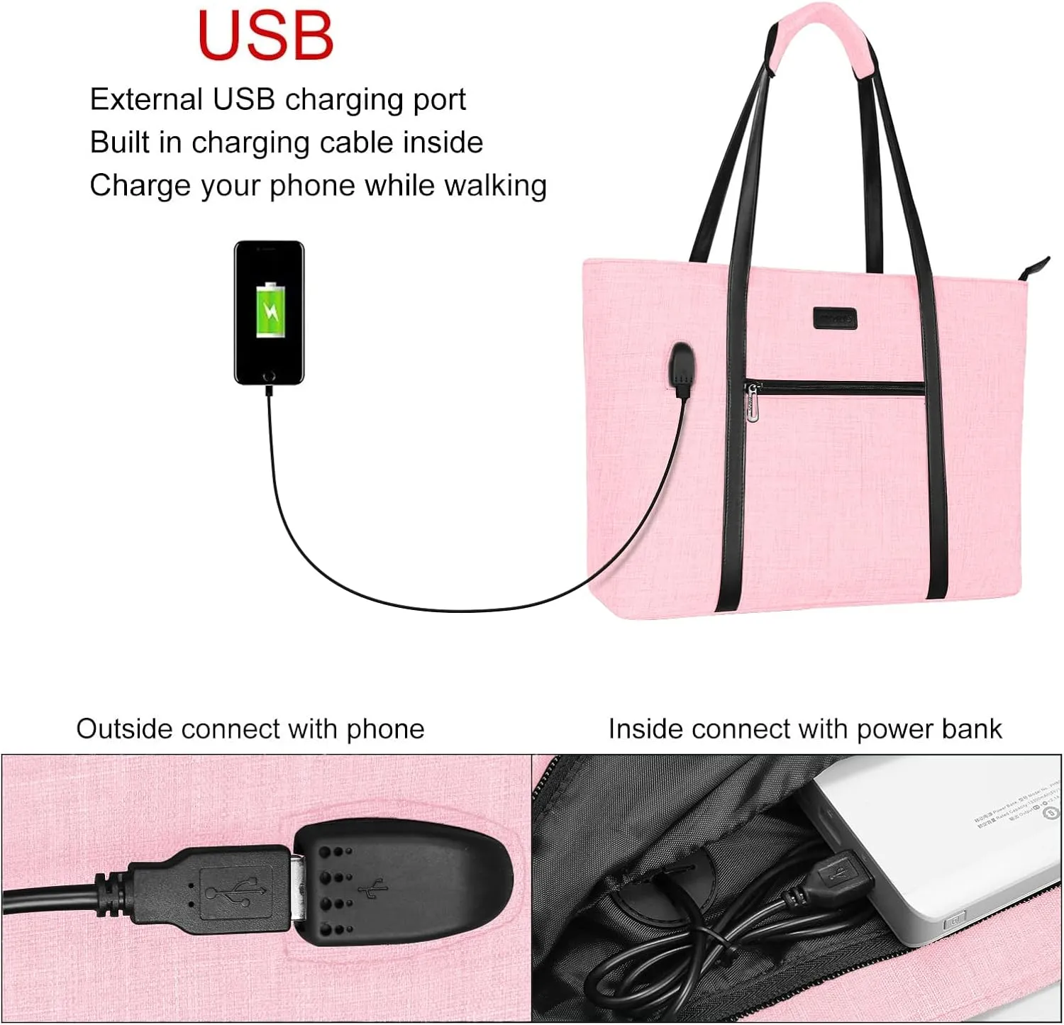 MOSISO USB Port Laptop Tote Bag for Women,Compatible with MacBook, 17-17.3 inch Notebook and Chromebook, Work Travel Business Computer Bag with Small Purse, Pink