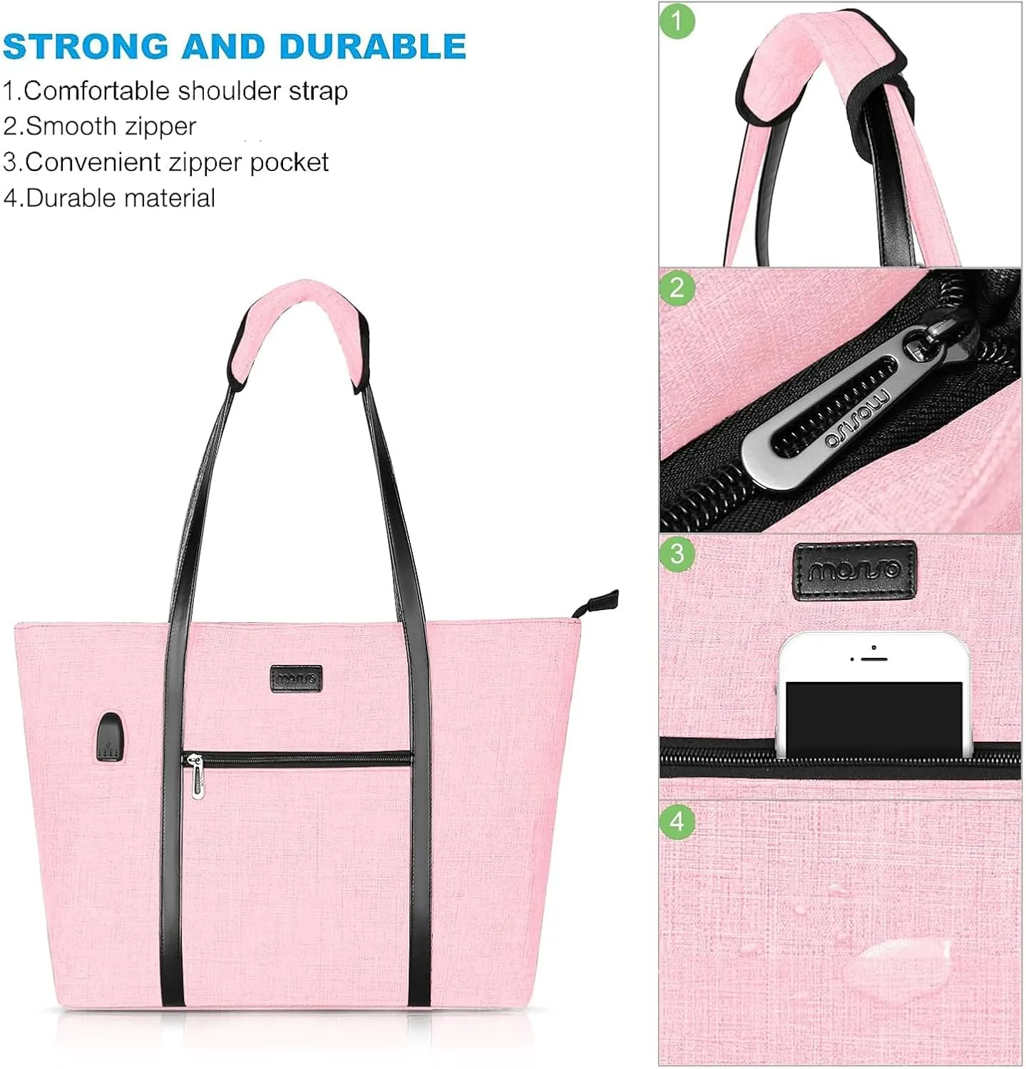 MOSISO USB Port Laptop Tote Bag for Women,Compatible with MacBook, 17-17.3 inch Notebook and Chromebook, Work Travel Business Computer Bag with Small Purse, Pink