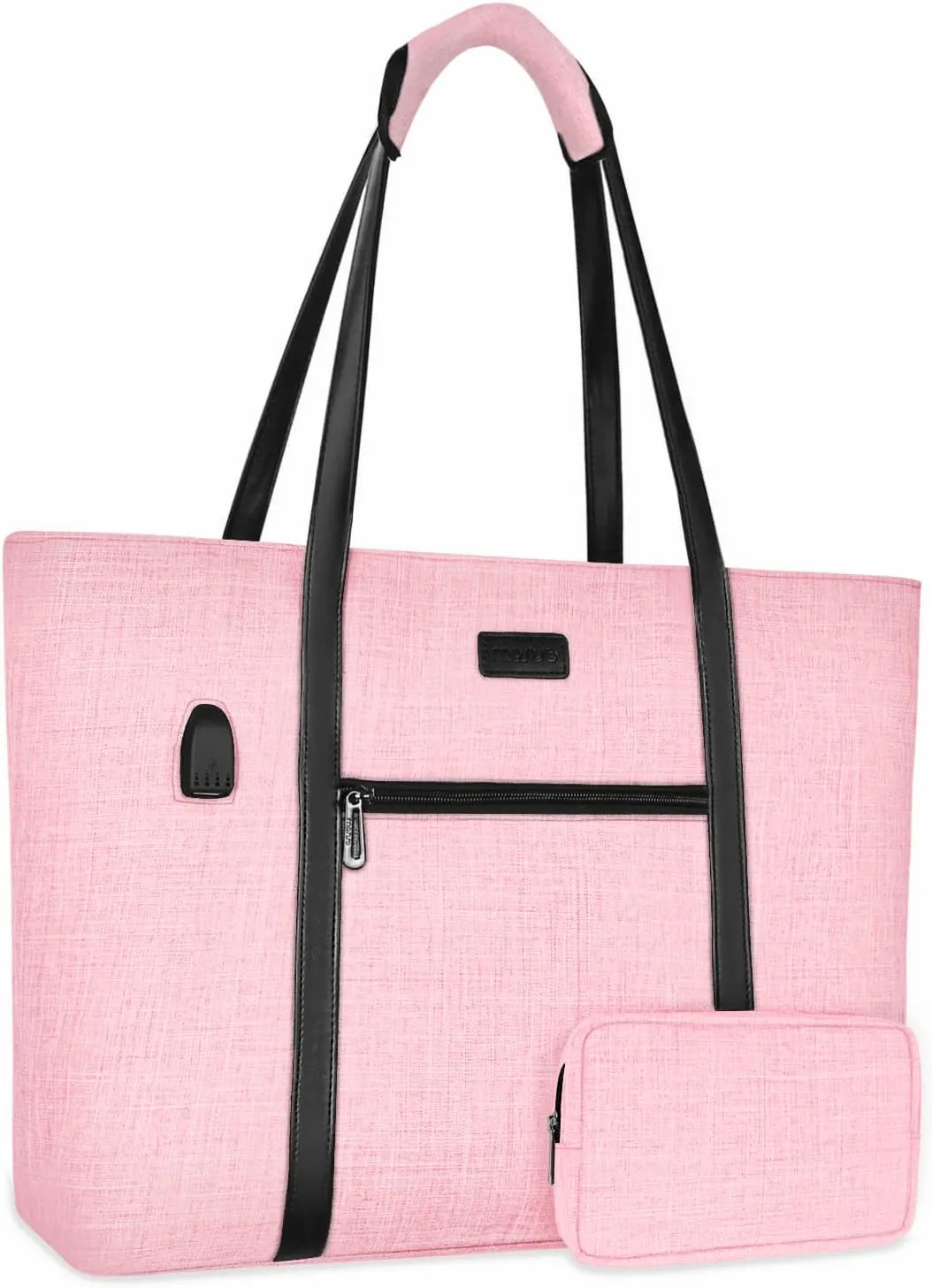 MOSISO USB Port Laptop Tote Bag for Women,Compatible with MacBook, 17-17.3 inch Notebook and Chromebook, Work Travel Business Computer Bag with Small Purse, Pink