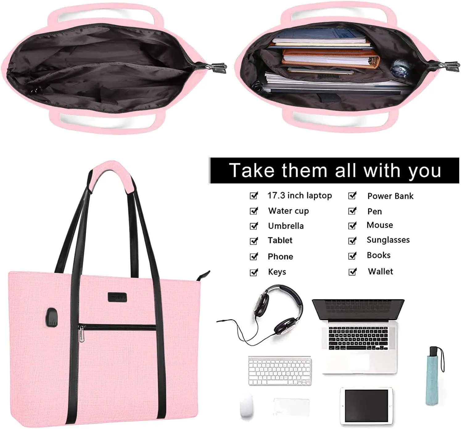 MOSISO USB Port Laptop Tote Bag for Women,Compatible with MacBook, 17-17.3 inch Notebook and Chromebook, Work Travel Business Computer Bag with Small Purse, Pink