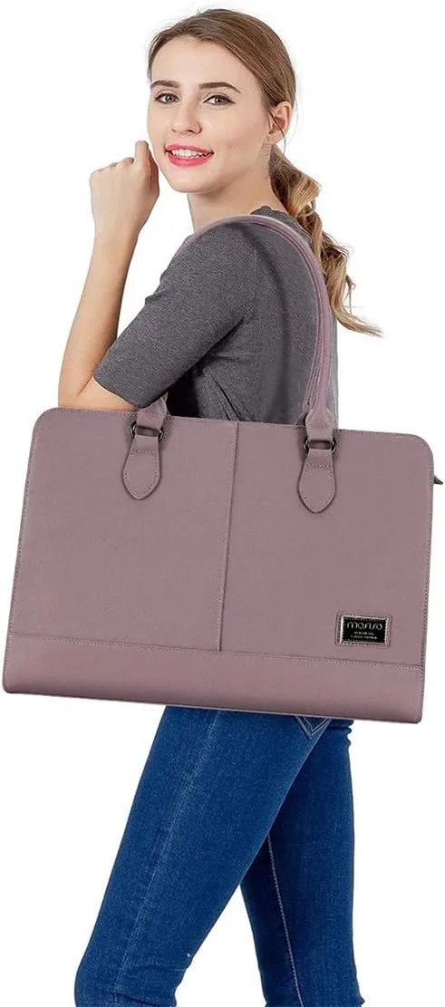 MOSISO Women Laptop Tote Bag (15-16 inch), PU Leather Large Capacity with 3 Layer Compartments Business Work Briefcase Shoulder Laptop Bag, Purple
