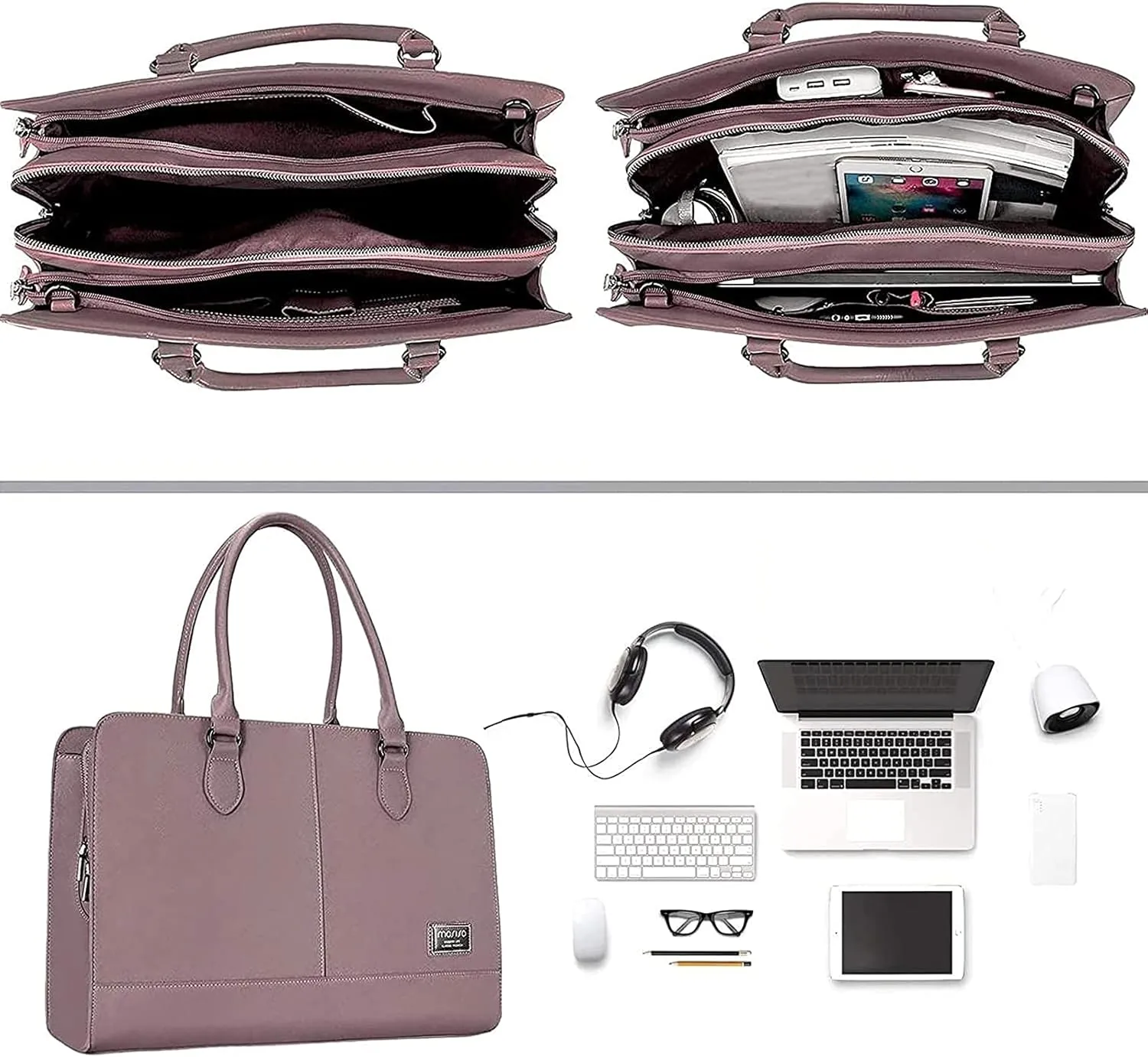 MOSISO Women Laptop Tote Bag (15-16 inch), PU Leather Large Capacity with 3 Layer Compartments Business Work Briefcase Shoulder Laptop Bag, Purple