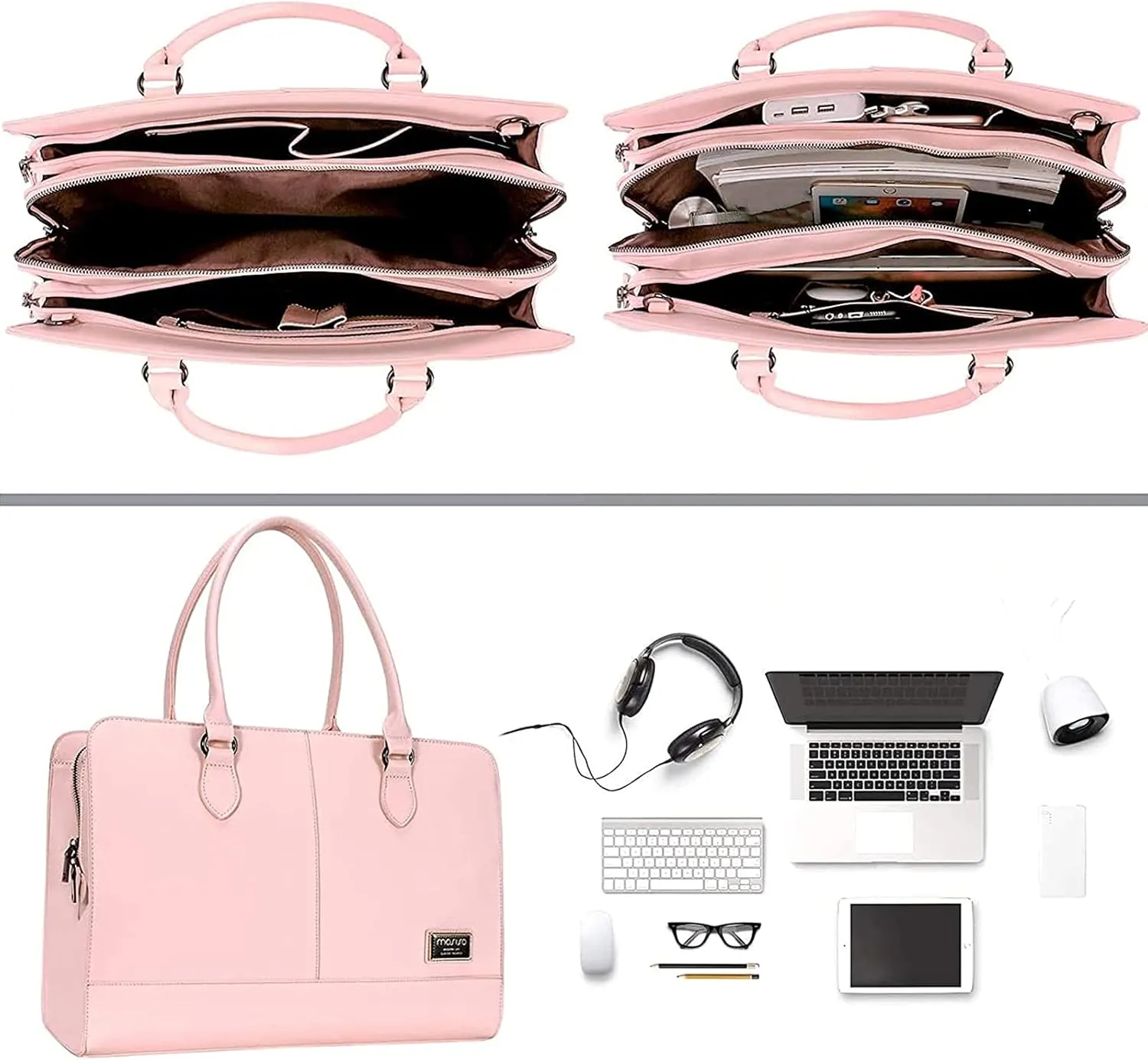 MOSISO Women Laptop Tote Bag (15-16 inch), PU Leather Large Capacity with 3 Layer Compartments Business Work Briefcase Shoulder Laptop Bag,Rose Quartz