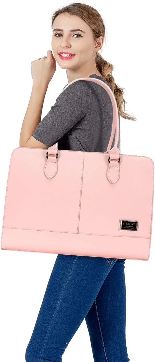 MOSISO Women Laptop Tote Bag (15-16 inch), PU Leather Large Capacity with 3 Layer Compartments Business Work Briefcase Shoulder Laptop Bag,Rose Quartz