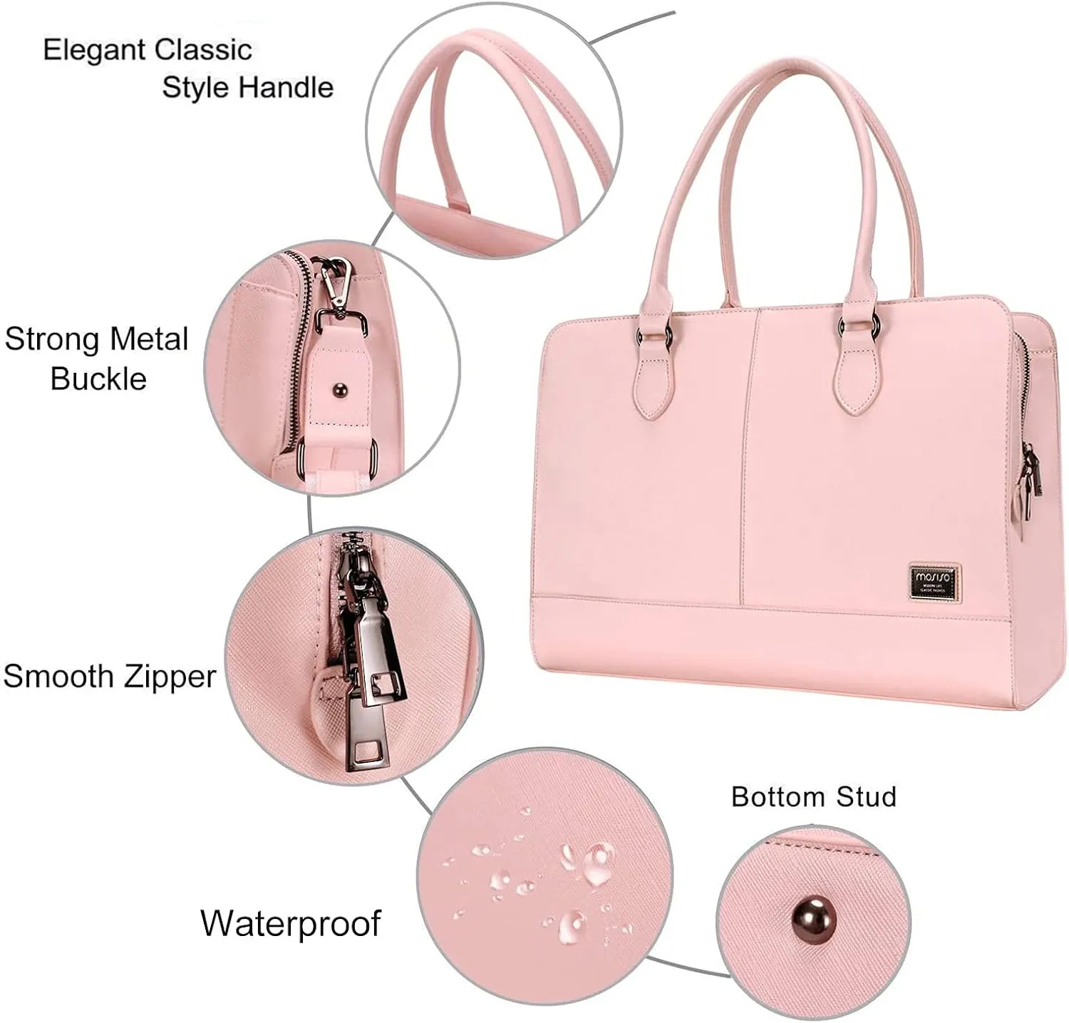 MOSISO Women Laptop Tote Bag (15-16 inch), PU Leather Large Capacity with 3 Layer Compartments Business Work Briefcase Shoulder Laptop Bag,Rose Quartz