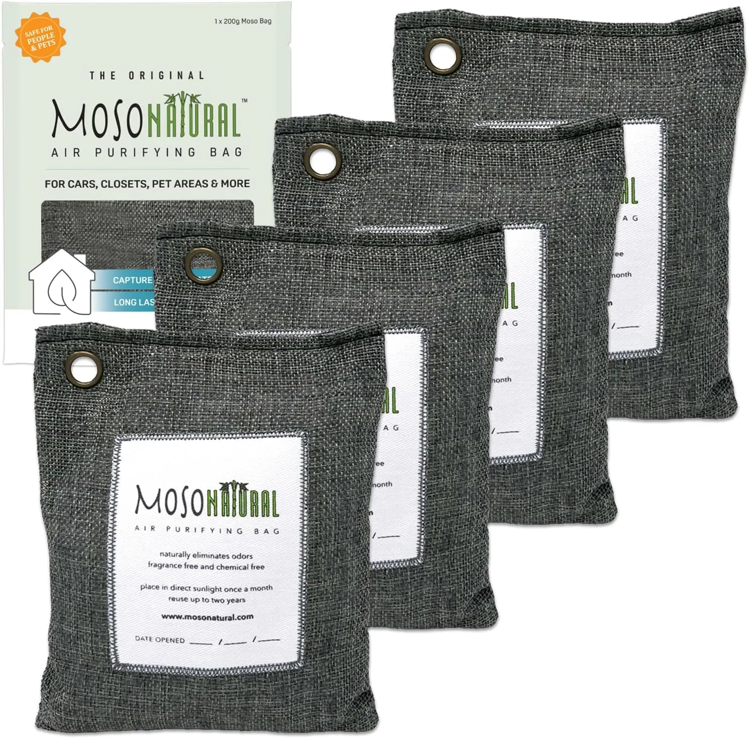 Moso Natural Air Purifying Bag 200g (4 Pack) | Premium Bamboo Charcoal Odor Absorber for Home & Car | Closet Odor Eliminator, Small Room Deodorizer & Car Air Freshener | Long Lasting Charcoal Bags