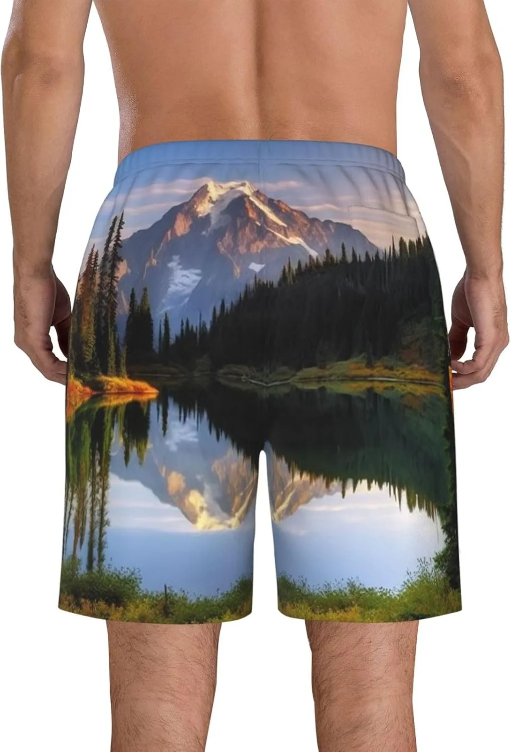Mountain and Lake Pictures Men's Swim Trunks Quick Dry Board Shorts with Pockets Drawstring Beach Shorts Bathing Suit