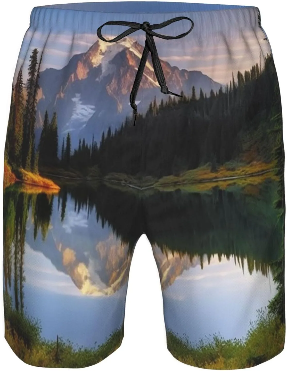 Mountain and Lake Pictures Men's Swim Trunks Quick Dry Board Shorts with Pockets Drawstring Beach Shorts Bathing Suit