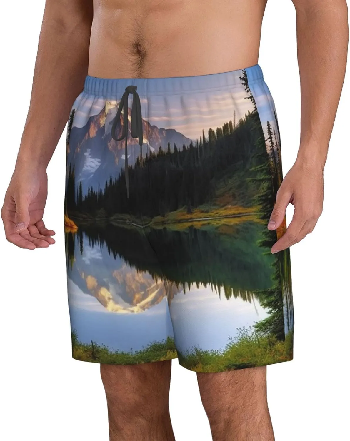 Mountain and Lake Pictures Men's Swim Trunks Quick Dry Board Shorts with Pockets Drawstring Beach Shorts Bathing Suit