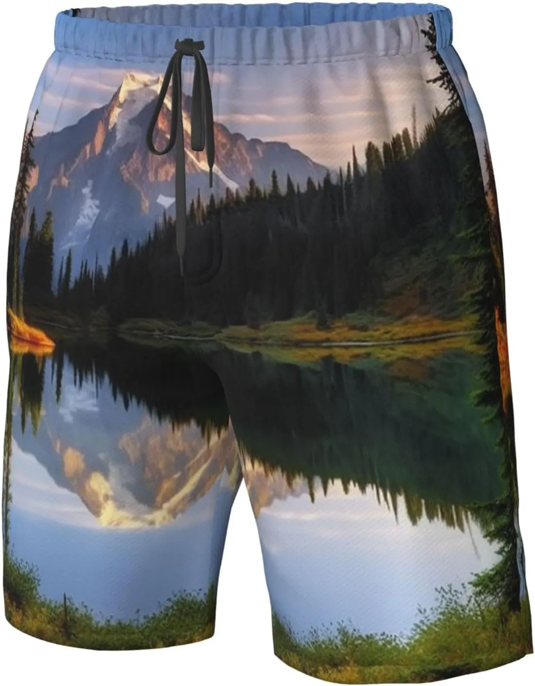 Mountain and Lake Pictures Men's Swim Trunks Quick Dry Board Shorts with Pockets Drawstring Beach Shorts Bathing Suit