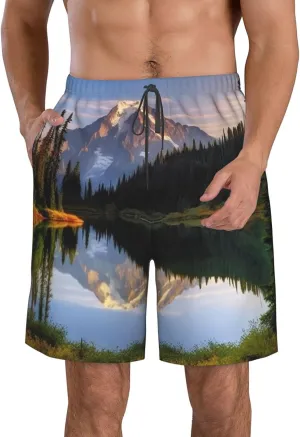 Mountain and Lake Pictures Men's Swim Trunks Quick Dry Board Shorts with Pockets Drawstring Beach Shorts Bathing Suit