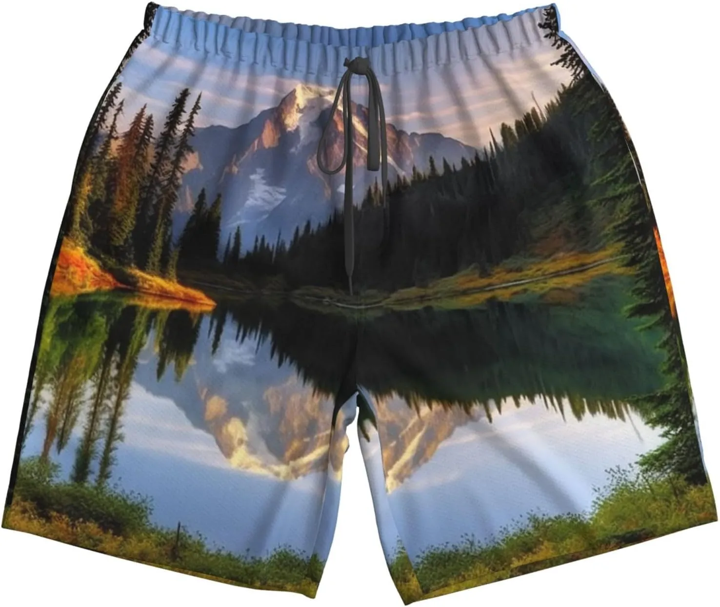 Mountain and Lake Pictures Men's Swim Trunks Quick Dry Board Shorts with Pockets Drawstring Beach Shorts Bathing Suit
