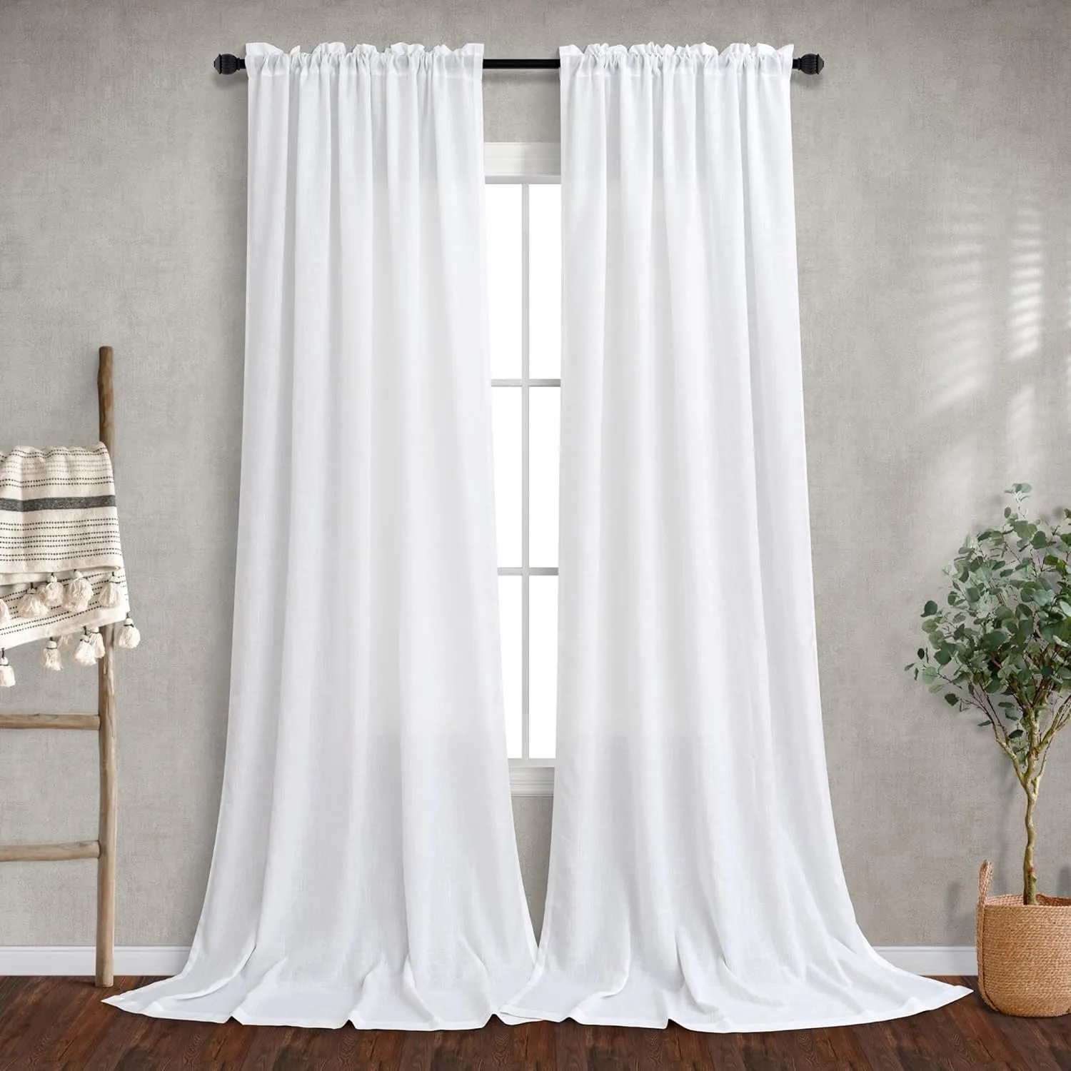 Mrs.Naturall 60 Inch Wide Curtains White for Living Room 2 Panels Pair Rod Pocket Drapes Semi Sheer Linen Extra Large Curtains for Home Office Hotel Flat Family Sunroom Loft Width 5 x 9 FT Long 60x108