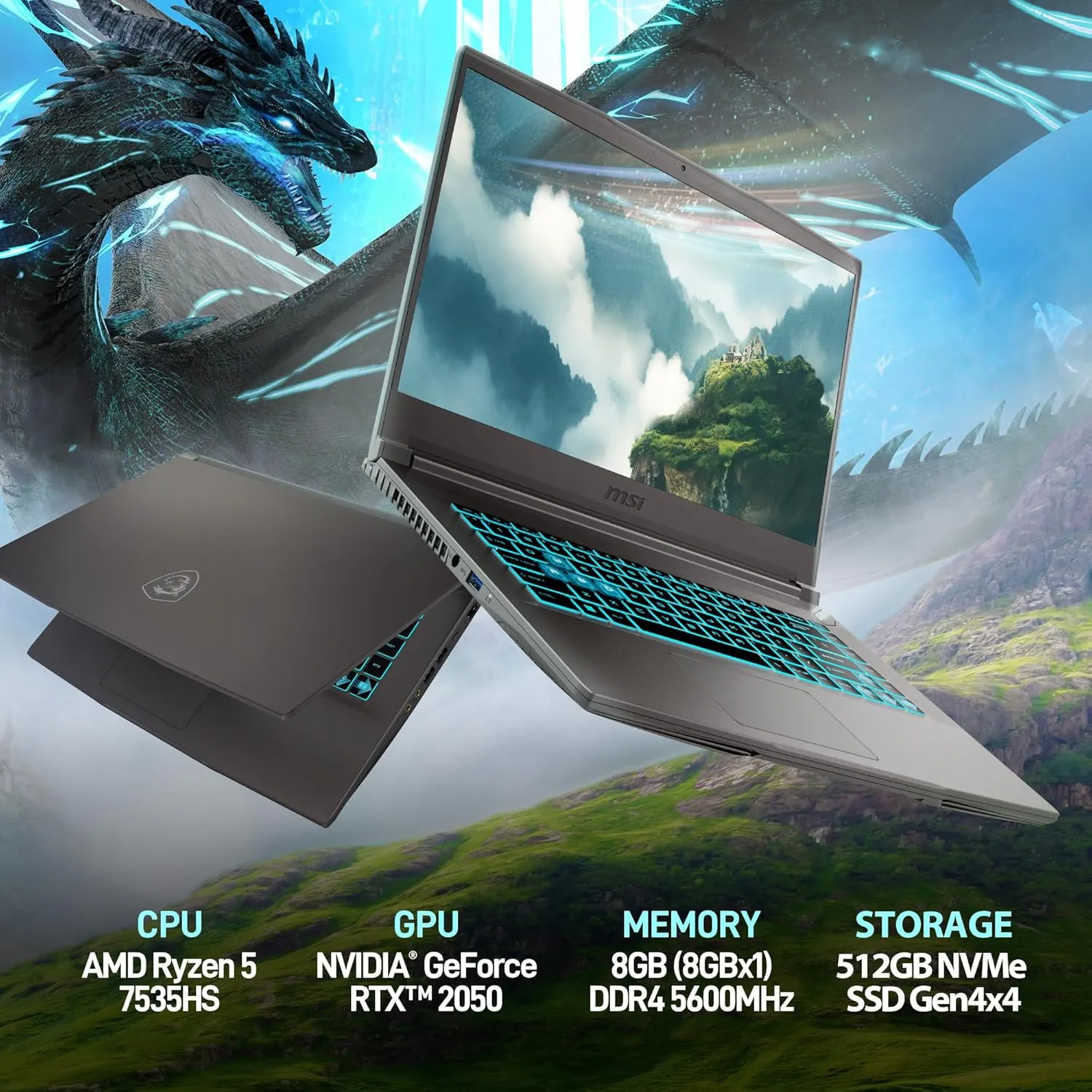 MSI Thin A15 15.6” 144Hz FHD Gaming Laptop: Ryzen 5-7535HS, NVIDIA Geforce RTX 2050, 8GB DDR5, 512GB NVMe SSD, Cooler Boost 5, Win 11: Black B7UCX-218US