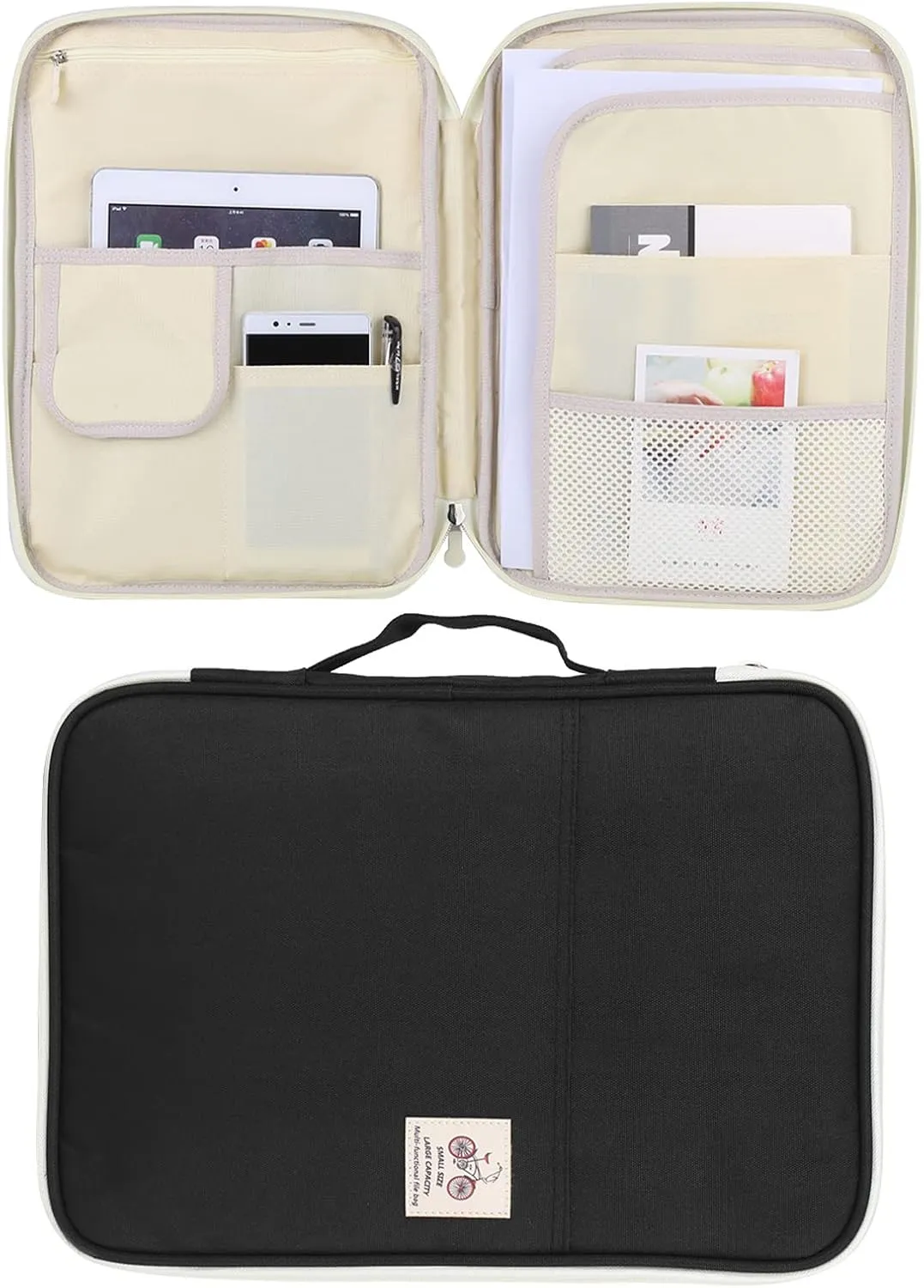 Multifunction Portfolio Travel File Organizer, A4 Document Bags File Folder Organizer Computer Notebook Zippered Case(Balck)