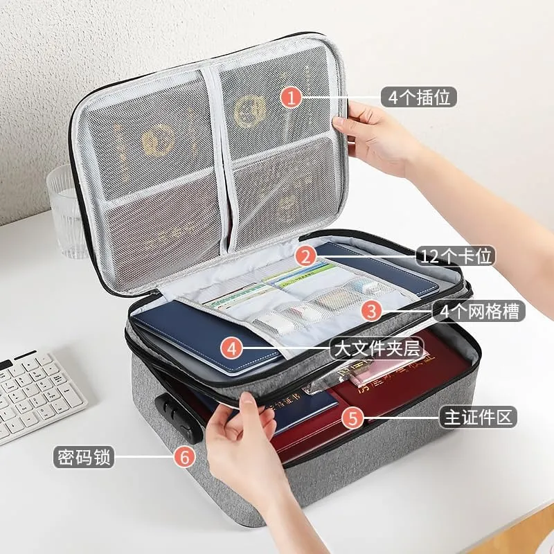 Multifunctional Document Organizer Bag Large Capacity Passport ID Card Bag Household Multilayer File Organizer Bag(2-ply Zipper with Lock(Grey))