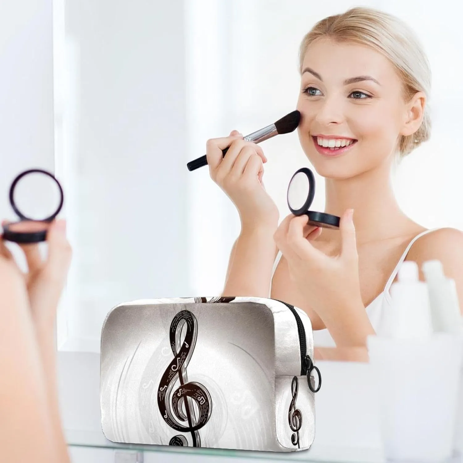 Musical Notation Grey Small Makeup Bag for Purse, Portable Cosmetic Bag Zipper Makeup Pouch for Women, Stationery, Toiletries, Travel Accessories