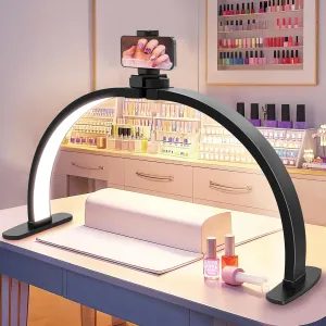 Nail Half Moon Light: Big LED Arch Nail Tech Table Lamp with Phone Holder - Nail Salon Professional Desk Light 3 Mode Lighting Manicure Technician Use