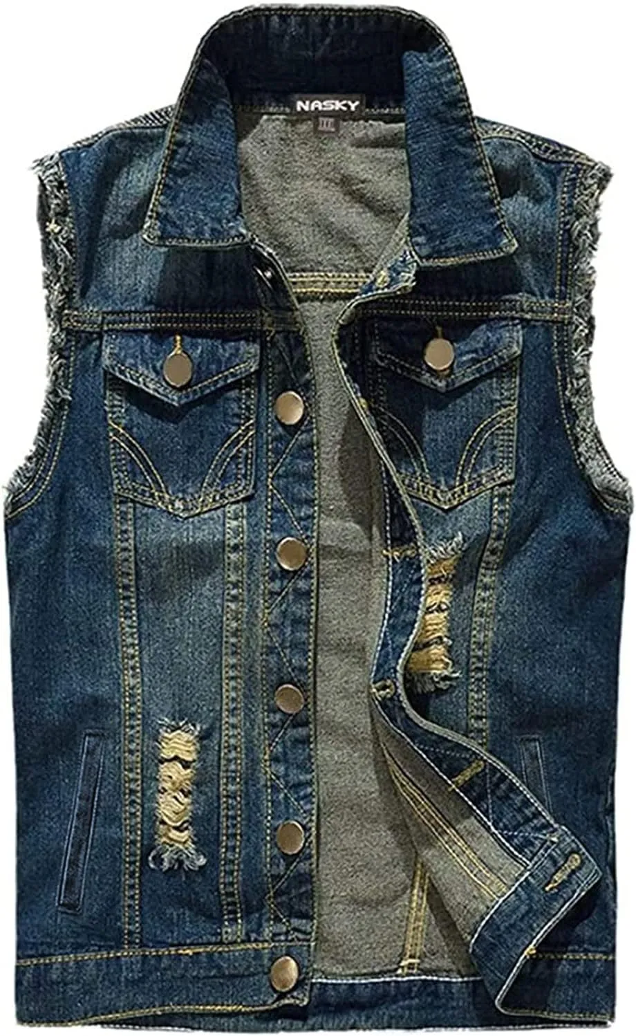 NASKY Men's Fit Retro Ripped Denim Vest Sleeveless Jean Vest and Jacket