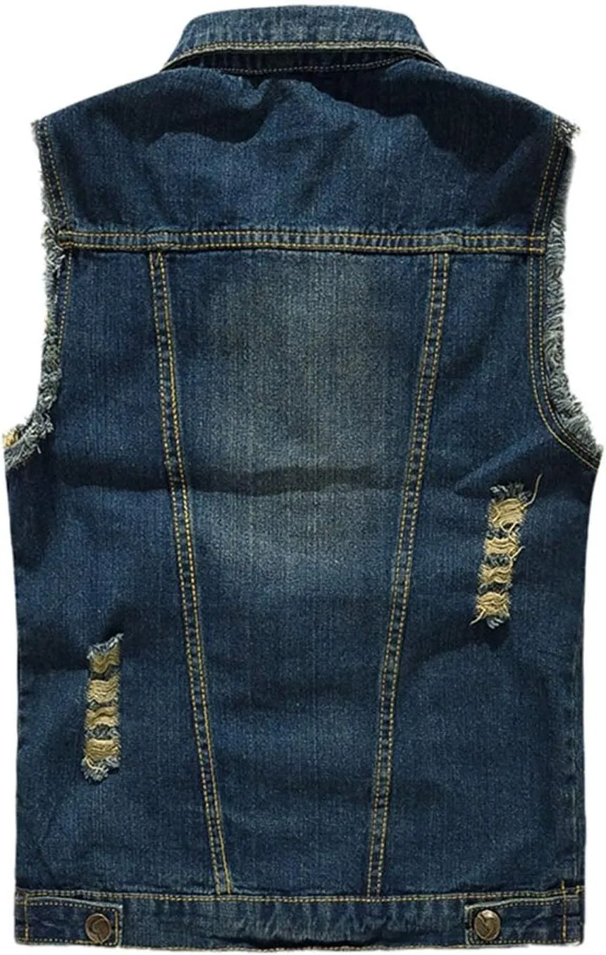 NASKY Men's Fit Retro Ripped Denim Vest Sleeveless Jean Vest and Jacket