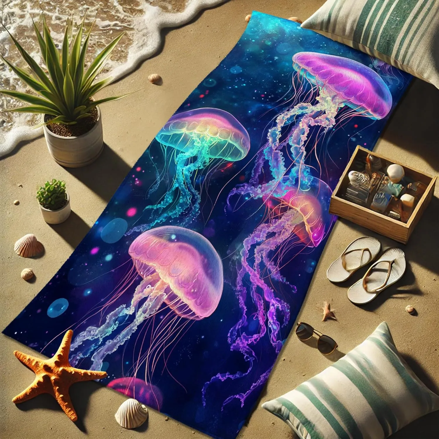 Neon Jellyfish Microfiber Beach Towel Vibrant Colorful Ocean Art Extra Large Quick Dry Sand Free Lightweight Bath Blanket, Summer Vacation Pool Gym Picnic Essentials 70x35 Inch