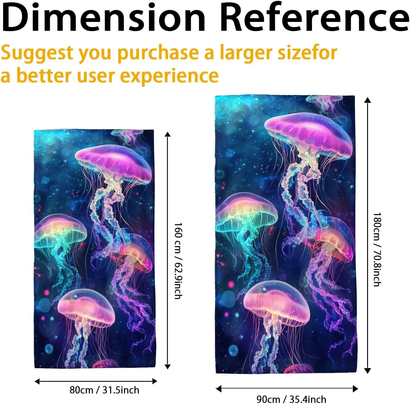 Neon Jellyfish Microfiber Beach Towel Vibrant Colorful Ocean Art Extra Large Quick Dry Sand Free Lightweight Bath Blanket, Summer Vacation Pool Gym Picnic Essentials 70x35 Inch