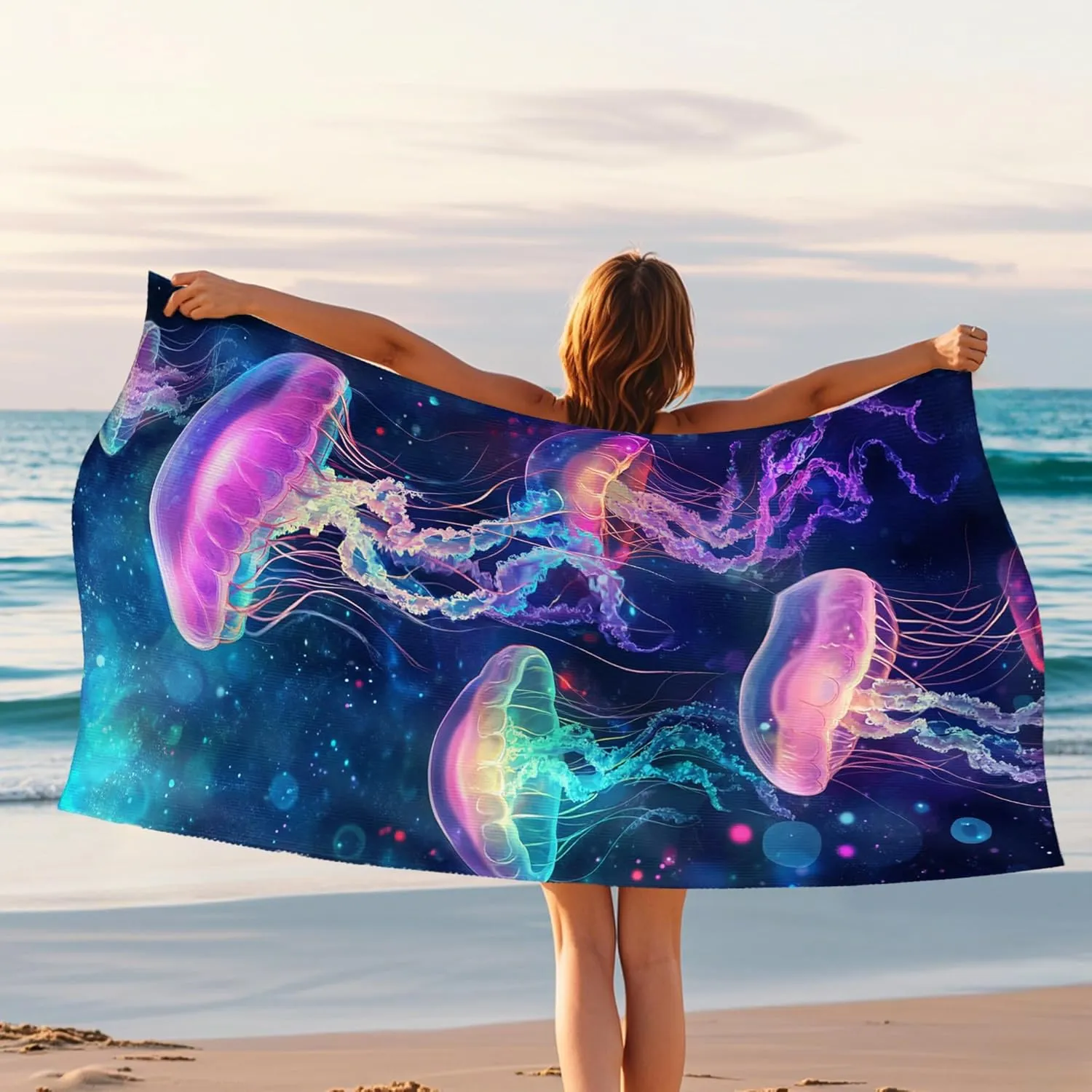 Neon Jellyfish Microfiber Beach Towel Vibrant Colorful Ocean Art Extra Large Quick Dry Sand Free Lightweight Bath Blanket, Summer Vacation Pool Gym Picnic Essentials 70x35 Inch