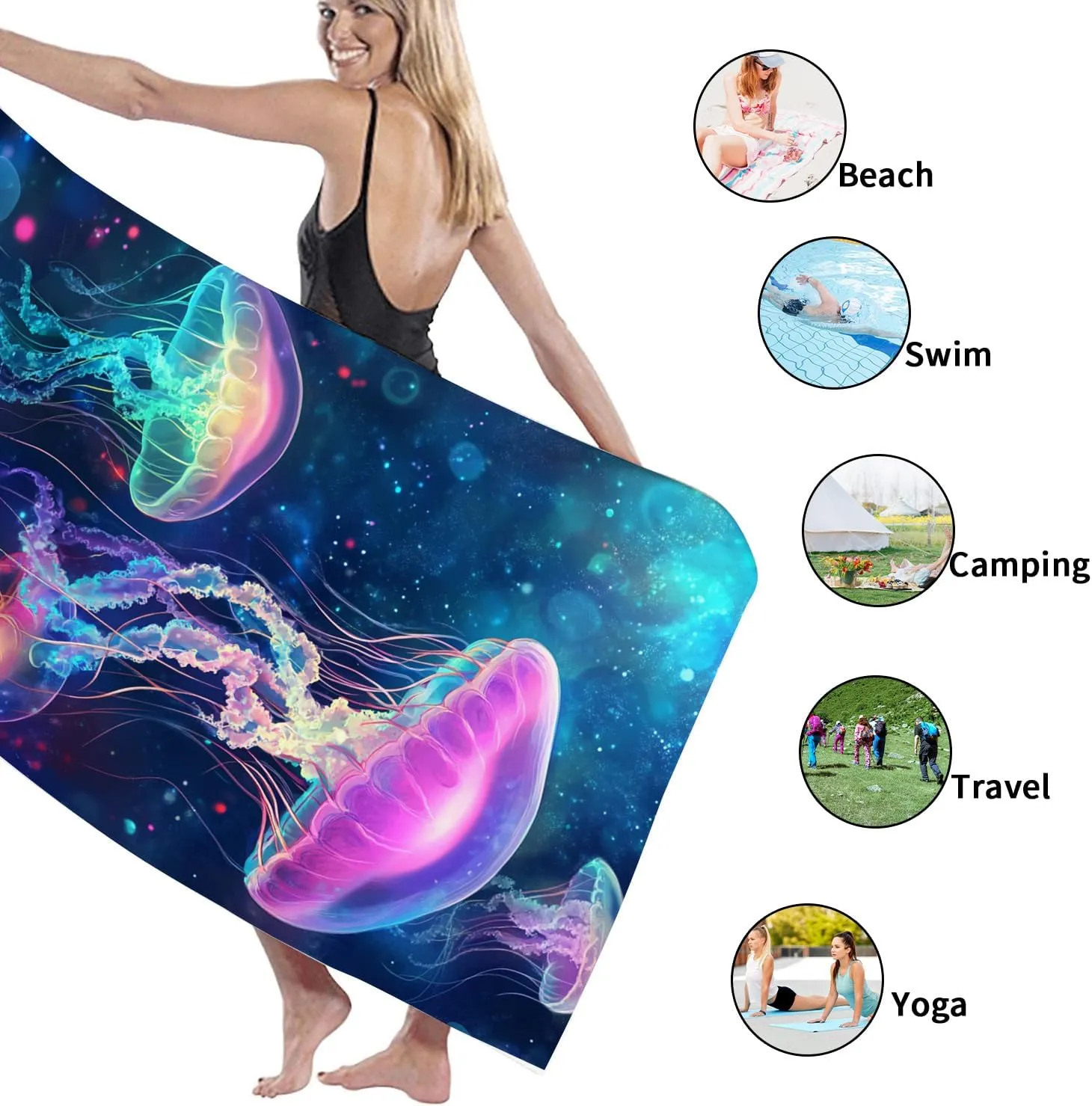 Neon Jellyfish Microfiber Beach Towel Vibrant Colorful Ocean Art Extra Large Quick Dry Sand Free Lightweight Bath Blanket, Summer Vacation Pool Gym Picnic Essentials 70x35 Inch