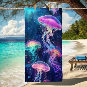 Neon Jellyfish Microfiber Beach Towel Vibrant Colorful Ocean Art Extra Large Quick Dry Sand Free Lightweight Bath Blanket, Summer Vacation Pool Gym Picnic Essentials 70x35 Inch