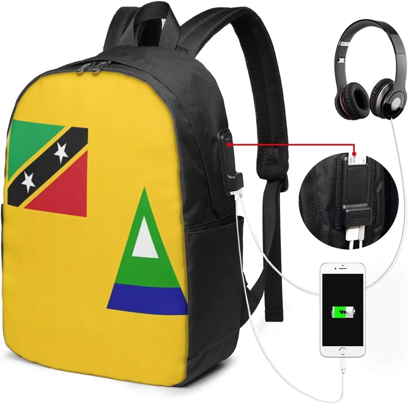 Nevis St. Kitts Flag Laptop Backpacks Travel Backpack Casual Business Daypack Sport Rucksack Computer Bag Fits up to 17 Inch Notebook with USB Port