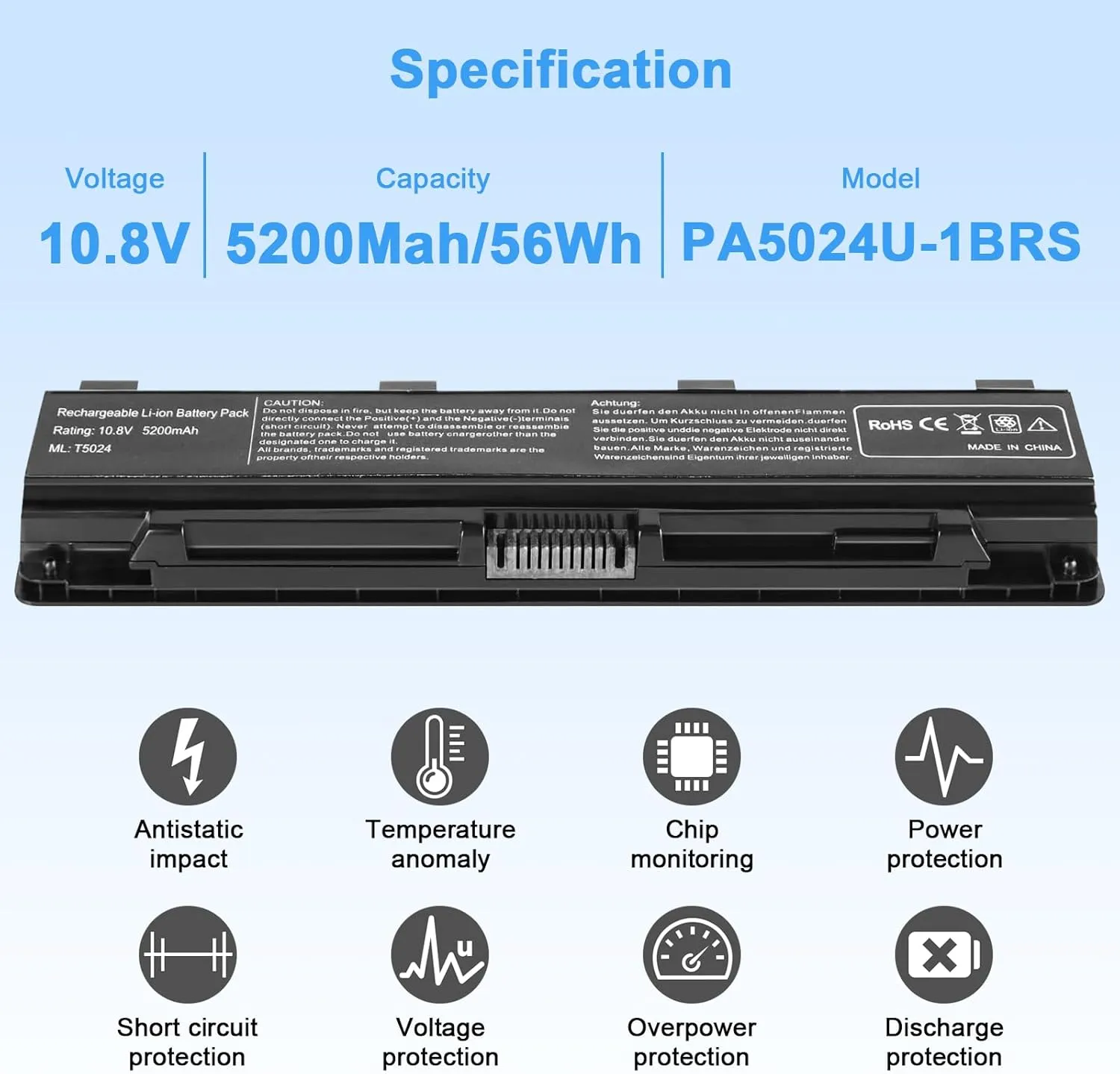 New 56Wh PA5024U-1BRS Battery Replacement for Toshiba Satellite C55 C55-A C55T C55DT C55D C855 C855D L855 L875 P855 P875 S855 S875 Series PA5109U-1BRS PA5026U-1BRS PABAS272 Laptop Battery