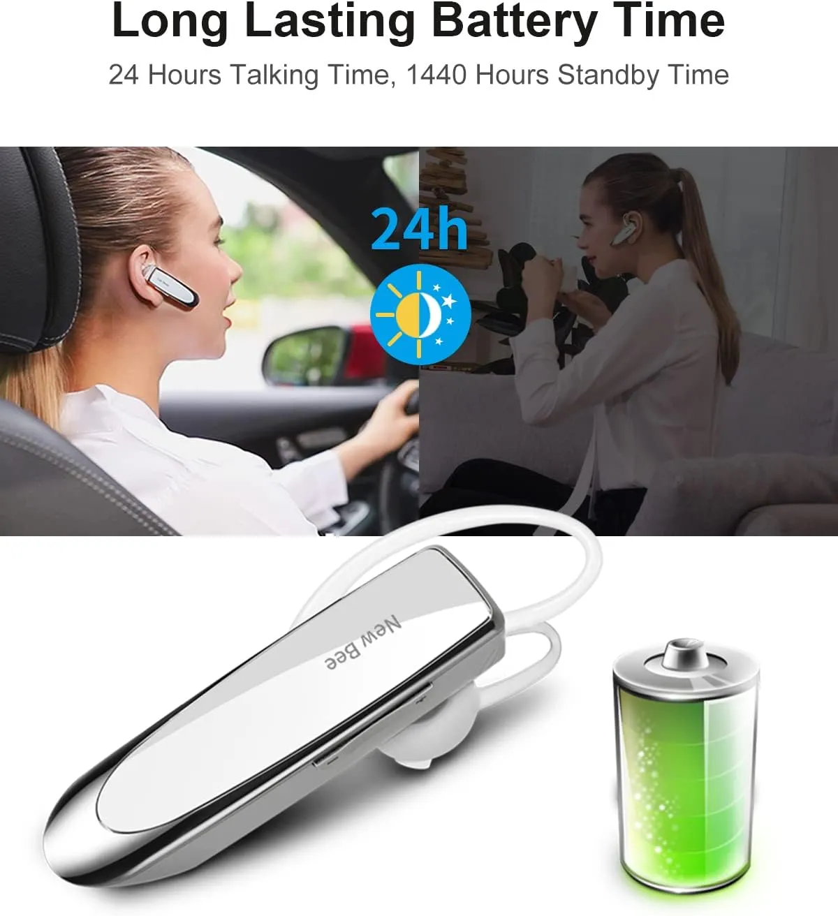 New bee Bluetooth Earpiece V5.0 Wireless Handsfree Headset with Microphone 24 Hrs Driving Headset 60 Days Standby Time for iPhone Android Samsung Laptop Trucker Driver (White)
