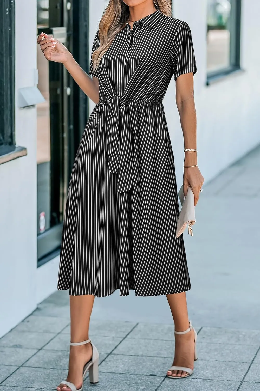 Newshows Womens Wear to Work Long Dresses Tie Waist Shirt Dress Business Casual Outfits Office Attire with Pockets