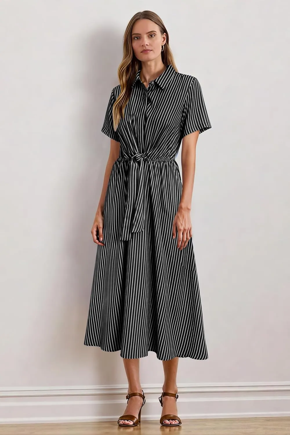 Newshows Womens Wear to Work Long Dresses Tie Waist Shirt Dress Business Casual Outfits Office Attire with Pockets
