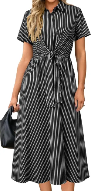 Newshows Womens Wear to Work Long Dresses Tie Waist Shirt Dress Business Casual Outfits Office Attire with Pockets