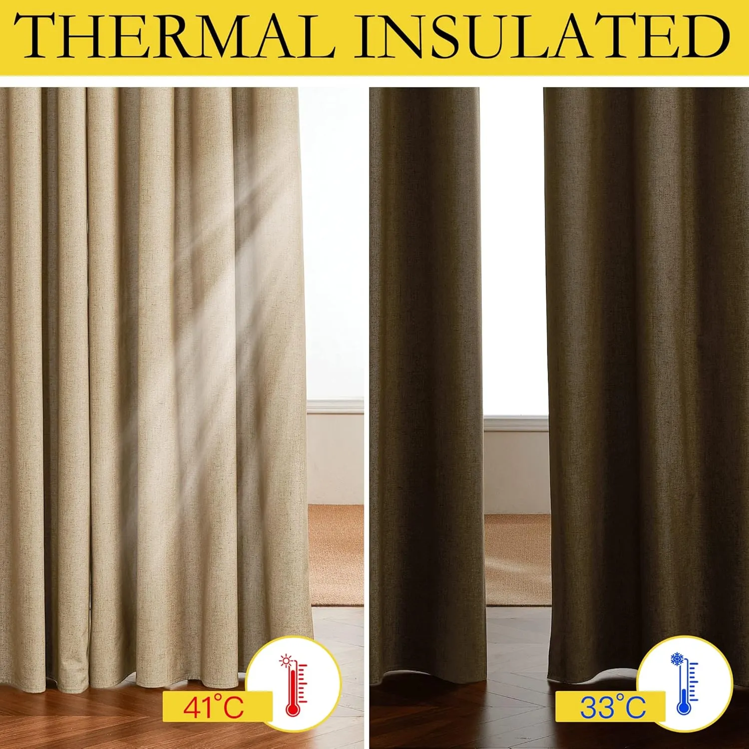NICETOWN 100% Absolutely Blackout Linen Curtains with Thermal Insulated White Liner, Camel, W52 x L84, 2 Panels, Long Curtains 84 inch Length for Patio Door, Doorway, Office, Overnight Shiftworker