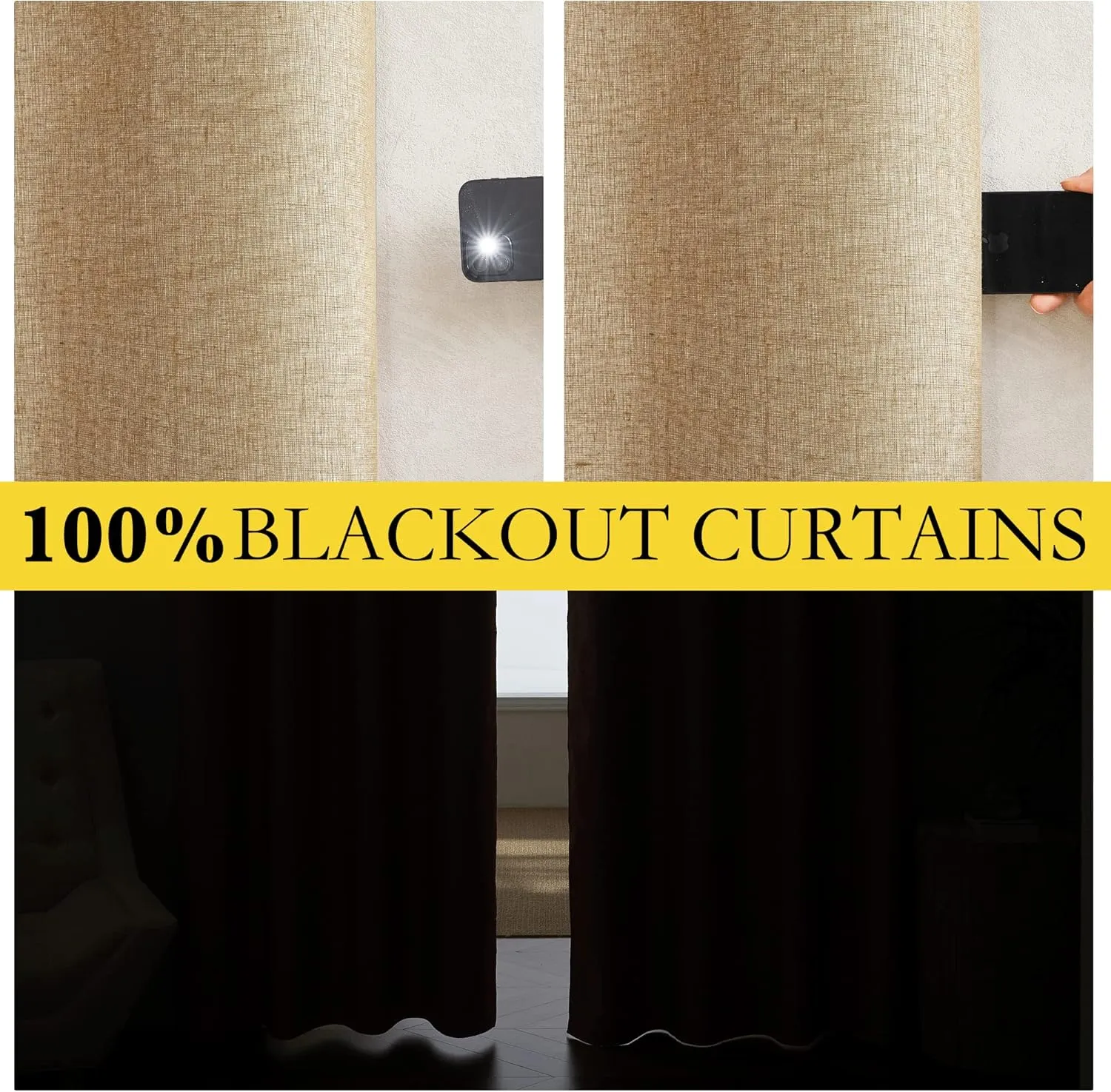 NICETOWN 100% Absolutely Blackout Linen Curtains with Thermal Insulated White Liner, Camel, W52 x L84, 2 Panels, Long Curtains 84 inch Length for Patio Door, Doorway, Office, Overnight Shiftworker