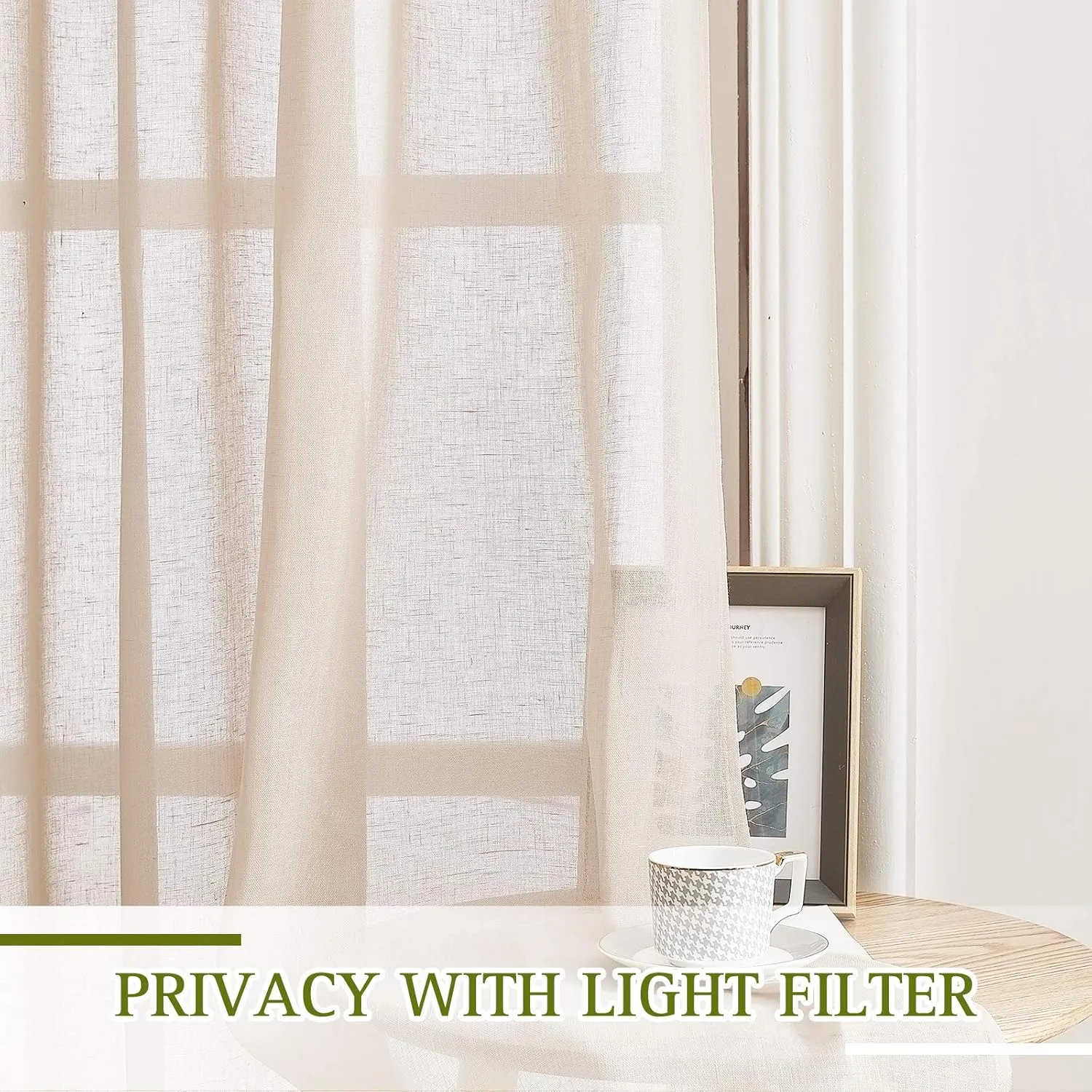 NICETOWN Beige Linen Sheer 48 inch Curtains, Grommet Flax Semi Sheer Linen Blend Window Treatments Privacy with Light Filtering Drapes for Cafe/Kitchen, W36 x L48, 2 Panels